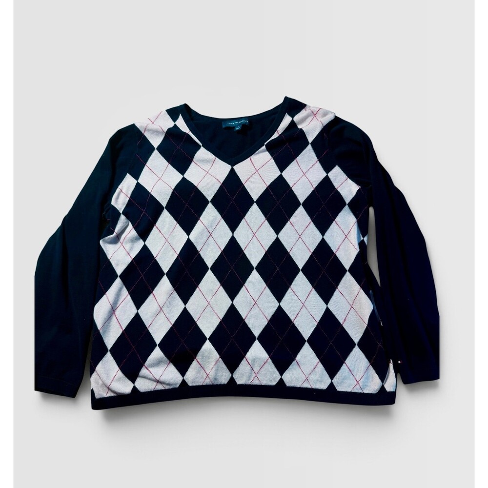 Tommy Hilfiger Argyle V-Neck Sweater Women’s XL Navy White Red Preppy